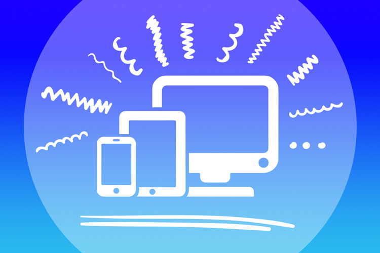 An icon graphic of a phone, tablet and computer with squiggly lines coming out of them.