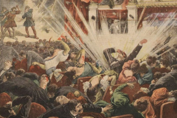 Painting representing an explosion in a Victorian theatre